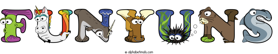 Funyuns animal word art spelling Funyuns with Alphabetimals - cartoon alphabet animals