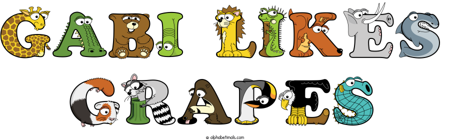 Gabi Likes Grapes animal word art spelling Gabi Likes Grapes with Alphabetimals - cartoon alphabet animals