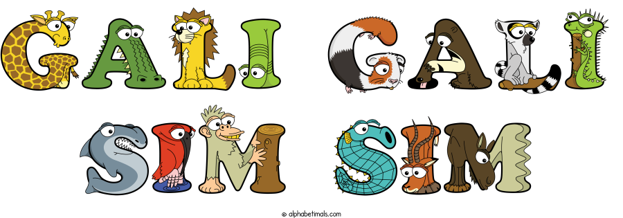 Gali Gali Sim Sim animal word art spelling Gali Gali Sim Sim with Alphabetimals - cartoon alphabet animals