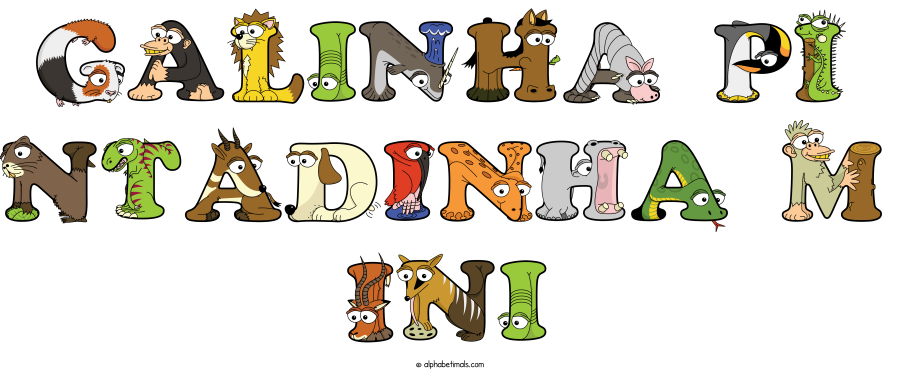 Galinha Pi Ntadinha M Ini animal word art spelling Galinha Pi Ntadinha M Ini with Alphabetimals - cartoon alphabet animals