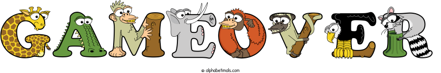 Gameover animal word art spelling Gameover with Alphabetimals - cartoon alphabet animals