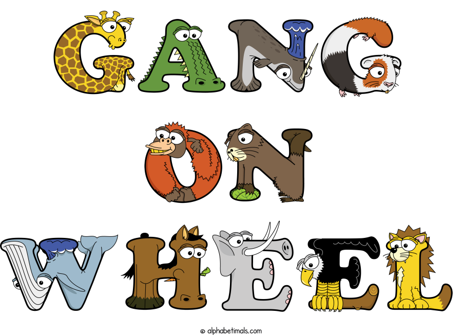 Gang On Wheel animal word art spelling Gang On Wheel with Alphabetimals - cartoon alphabet animals