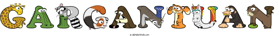 Gargantuan animal word art spelling Gargantuan with Alphabetimals - cartoon alphabet animals