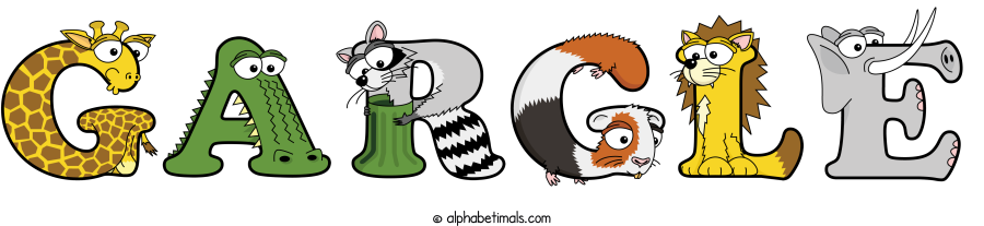 Gargle animal word art spelling Gargle with Alphabetimals - cartoon alphabet animals