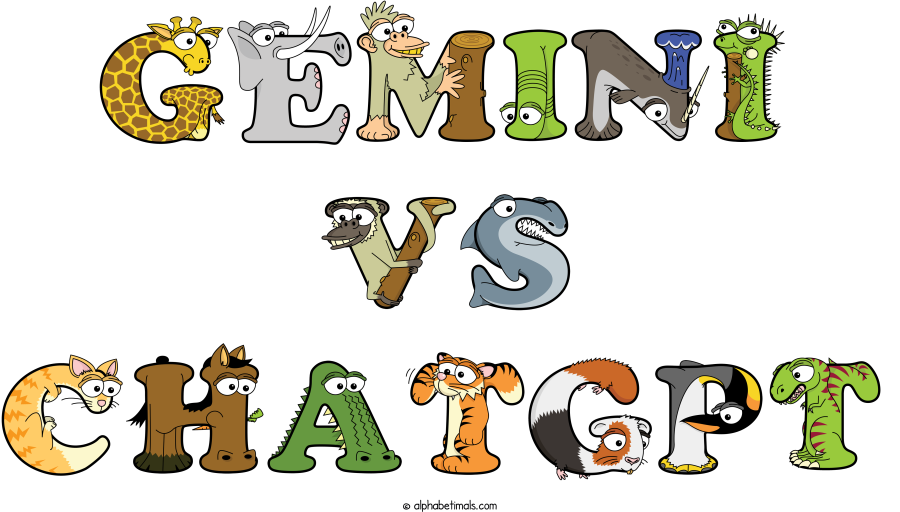 Gemini Vs Chatgpt animal word art spelling Gemini Vs Chatgpt with Alphabetimals - cartoon alphabet animals