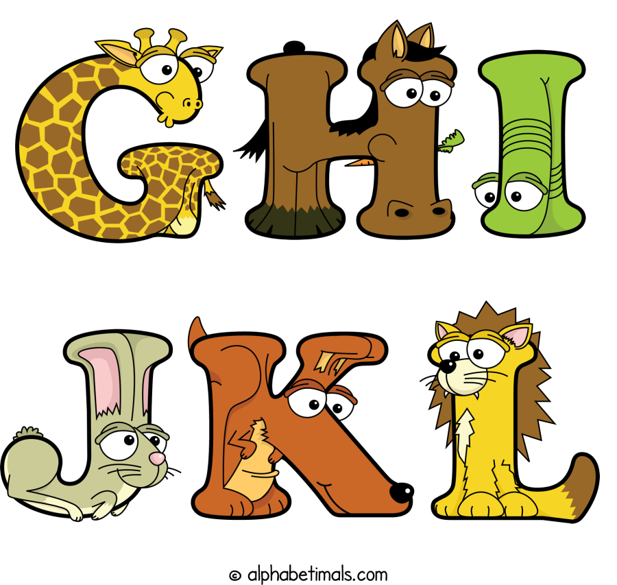 Ghi Jkl animal word art spelling Ghi Jkl with Alphabetimals - cartoon alphabet animals