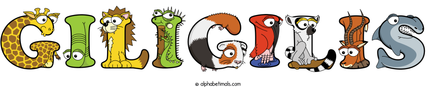 Giligilis animal word art spelling Giligilis with Alphabetimals - cartoon alphabet animals