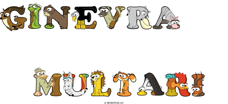 Ginevra                Multari animal word art spelling Ginevra                Multari with Alphabetimals - cartoon alphabet animals