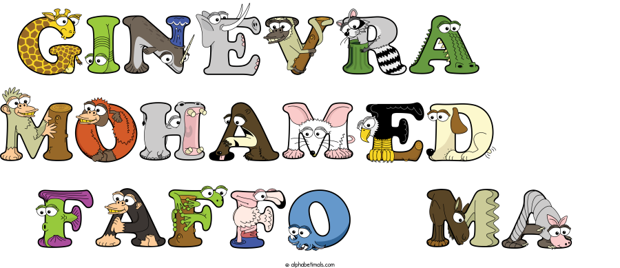 Ginevra    Mohamed    Faffo  Ma animal word art spelling Ginevra    Mohamed    Faffo  Ma with Alphabetimals - cartoon alphabet animals