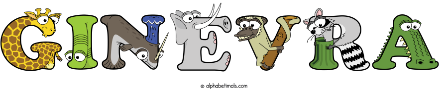 Ginevra animal word art spelling Ginevra with Alphabetimals - cartoon alphabet animals