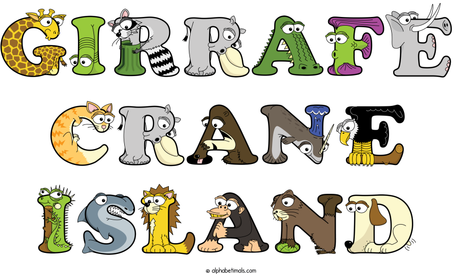 Girrafe Crane Island animal word art spelling Girrafe Crane Island with Alphabetimals - cartoon alphabet animals