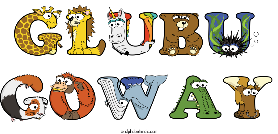 Glubu Goway animal word art spelling Glubu Goway with Alphabetimals - cartoon alphabet animals