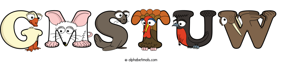 Gmstuw animal word art spelling Gmstuw with Alphabetimals - cartoon alphabet animals