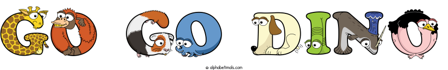 Go Go Dino animal word art spelling Go Go Dino with Alphabetimals - cartoon alphabet animals