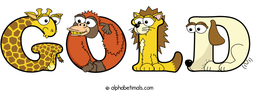 Gold animal word art spelling Gold with Alphabetimals - cartoon alphabet animals