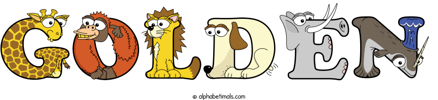 Golden animal word art spelling Golden with Alphabetimals - cartoon alphabet animals