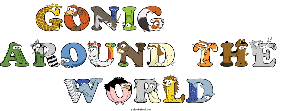 Gonig      Around The World animal word art spelling Gonig      Around The World with Alphabetimals - cartoon alphabet animals