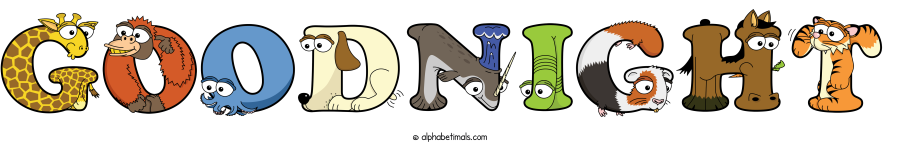 Goodnight animal word art spelling Goodnight with Alphabetimals - cartoon alphabet animals