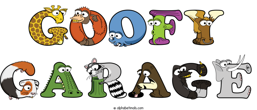 Goofy Garage animal word art spelling Goofy Garage with Alphabetimals - cartoon alphabet animals