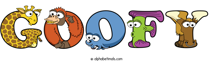 Goofy animal word art spelling Goofy with Alphabetimals - cartoon alphabet animals