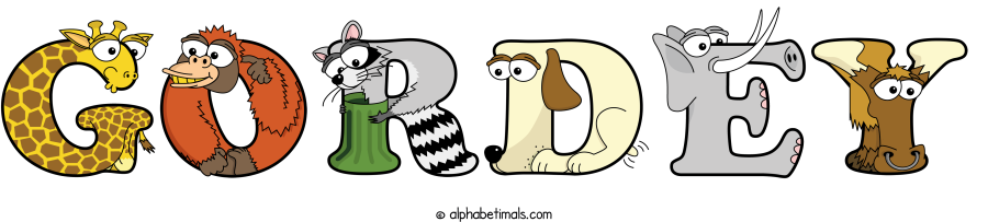 Gordey animal word art spelling Gordey with Alphabetimals - cartoon alphabet animals