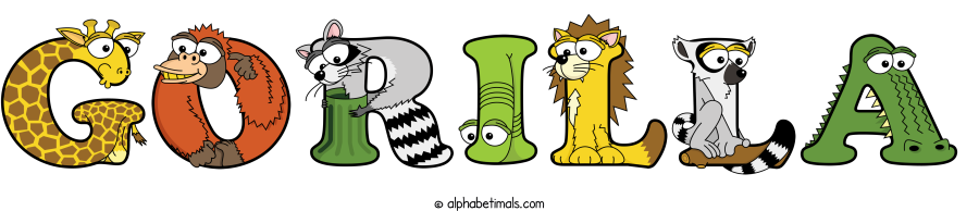 Gorilla animal word art spelling Gorilla with Alphabetimals - cartoon alphabet animals