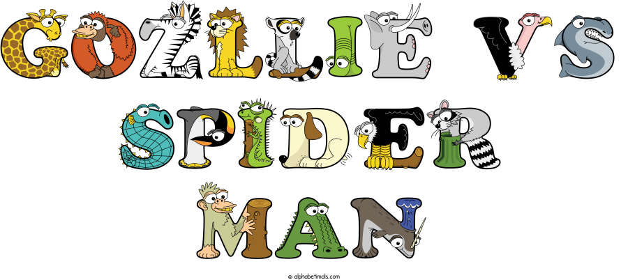 Gozllie Vs Spider Man animal word art spelling Gozllie Vs Spider Man with Alphabetimals - cartoon alphabet animals