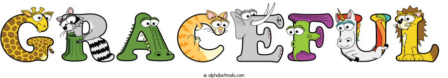 Graceful animal word art spelling Graceful with Alphabetimals - cartoon alphabet animals