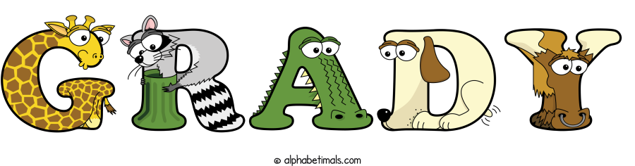 Grady animal word art spelling Grady with Alphabetimals - cartoon alphabet animals