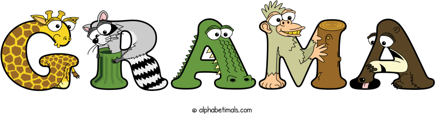 Grama animal word art spelling Grama with Alphabetimals - cartoon alphabet animals