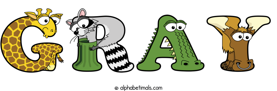 Gray animal word art spelling Gray with Alphabetimals - cartoon alphabet animals