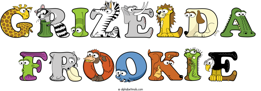 Grizelda Frookie animal word art spelling Grizelda Frookie with Alphabetimals - cartoon alphabet animals