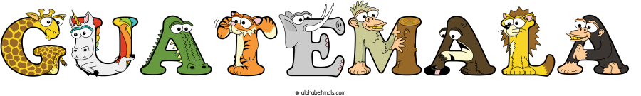 Guatemala animal word art spelling Guatemala with Alphabetimals - cartoon alphabet animals