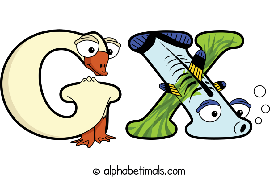 Gx animal word art spelling Gx with Alphabetimals cartoon alphabet animals