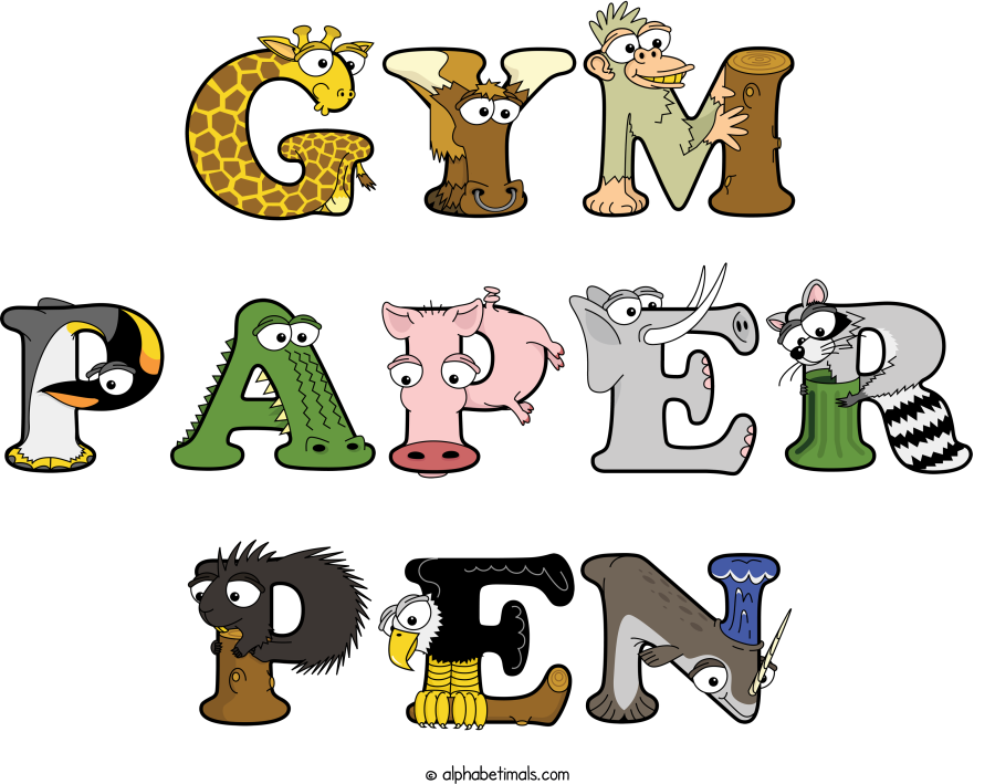 Gym Paper Pen animal word art spelling Gym Paper Pen with Alphabetimals - cartoon alphabet animals