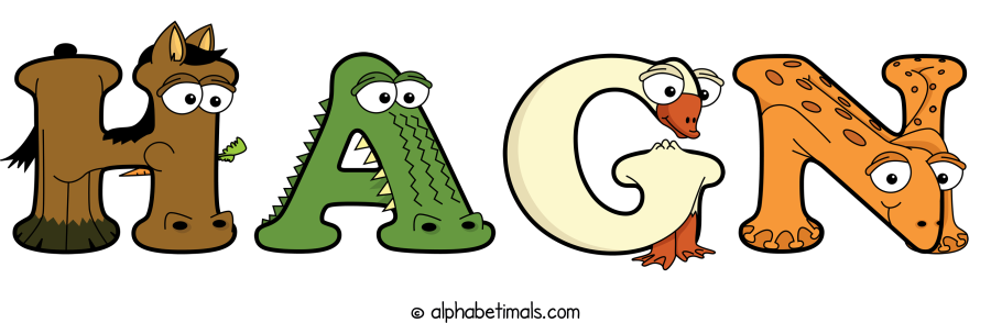 Hagn animal word art spelling Hagn with Alphabetimals - cartoon alphabet animals