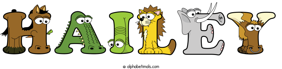 Hailey animal word art spelling Hailey with Alphabetimals - cartoon alphabet animals