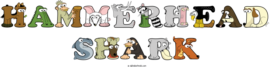 Hammerhead Shark animal word art spelling Hammerhead Shark with Alphabetimals - cartoon alphabet animals