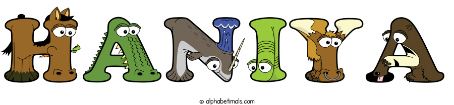 Haniya animal word art spelling Haniya with Alphabetimals - cartoon alphabet animals