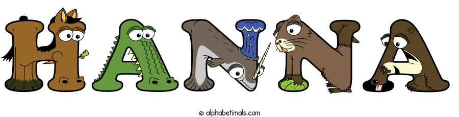 Hanna animal word art spelling Hanna with Alphabetimals - cartoon alphabet animals