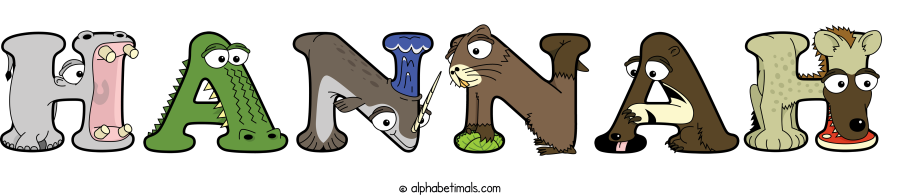 Hannah animal word art spelling Hannah with Alphabetimals - cartoon alphabet animals