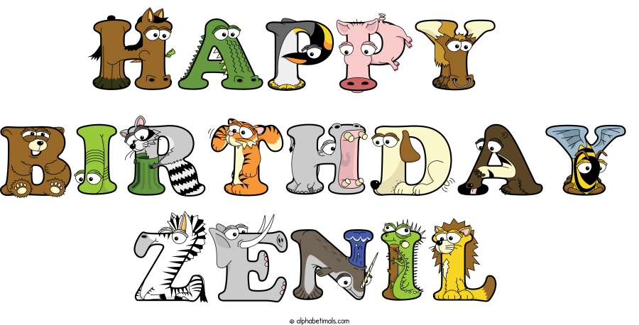 Happy  Birthday Zenil animal word art spelling Happy  Birthday Zenil with Alphabetimals - cartoon alphabet animals