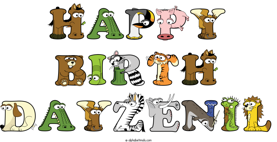 Happy Birth Dayzenil animal word art spelling Happy Birth Dayzenil with Alphabetimals - cartoon alphabet animals