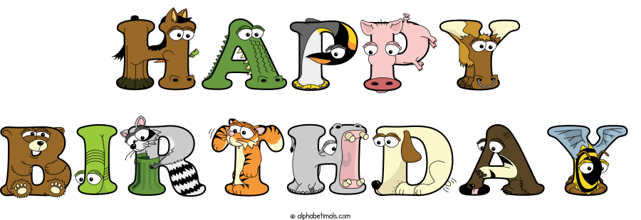 Happy Birthday animal word art spelling Happy Birthday with Alphabetimals - cartoon alphabet animals