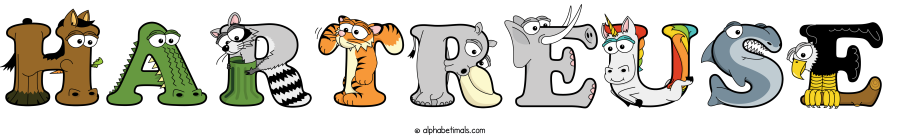 Hartreuse animal word art spelling Hartreuse with Alphabetimals - cartoon alphabet animals