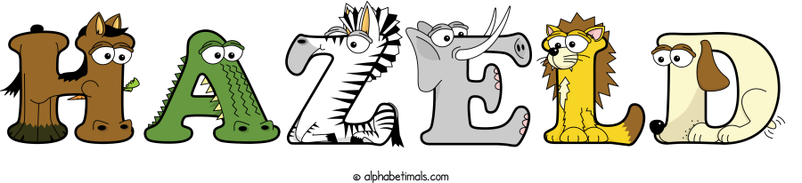 Hazeld animal word art spelling Hazeld with Alphabetimals - cartoon alphabet animals