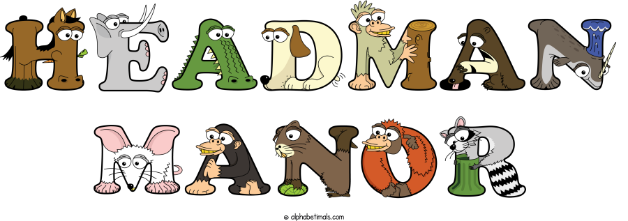 Headman Manor animal word art spelling Headman Manor with Alphabetimals - cartoon alphabet animals