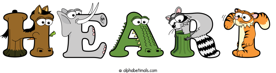 Heart animal word art spelling Heart with Alphabetimals - cartoon alphabet animals