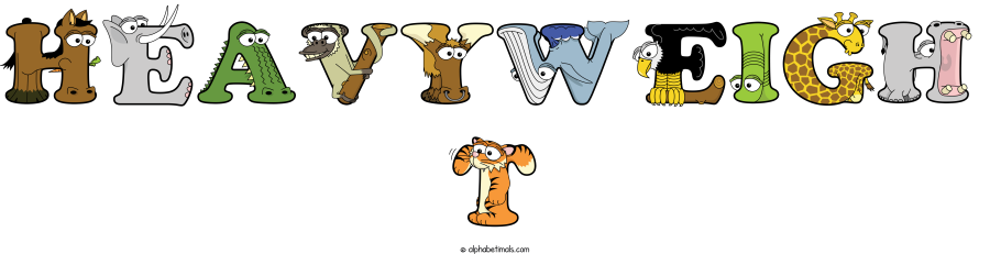 Heavyweigh T animal word art spelling Heavyweigh T with Alphabetimals - cartoon alphabet animals