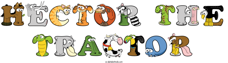 Hector The Tractor animal word art spelling Hector The Tractor with Alphabetimals - cartoon alphabet animals